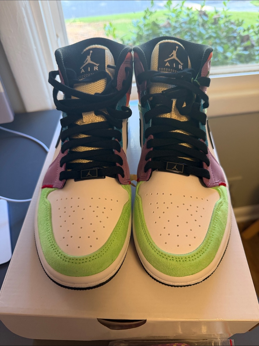 Jordan Woman’s Retro High-Top Sneakers in Green, Pink & Black